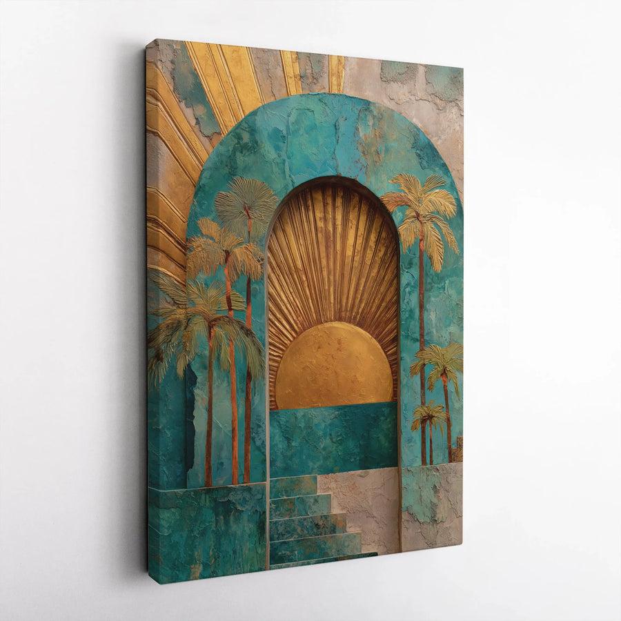 Art Deco Archway Canvas Art | Golden Sun and Palm Tree Wall Decor | 1.25 Inch Premium Gallery Wrap | Mid Century Modern Statement Piece for Home Office