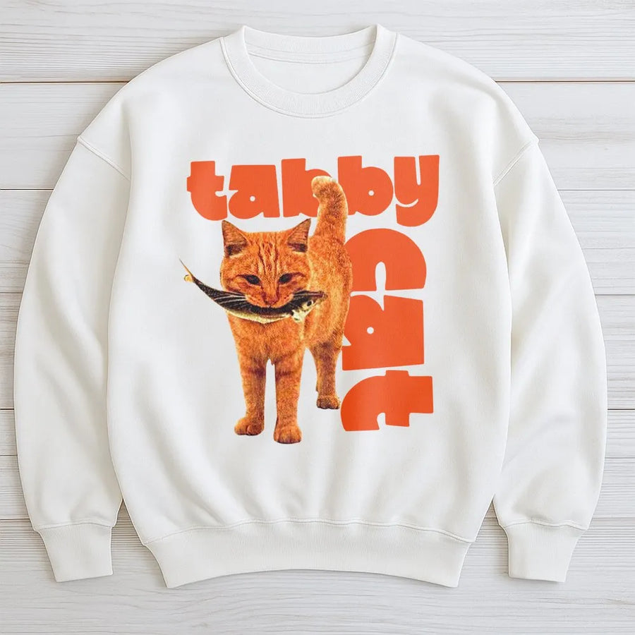 Tabby Cat Sweatshirt | Retro Orange Cat With Fish Graphic | Premium Cotton Blend Crewneck | Cute Animal Lover Gift For Cat Mom