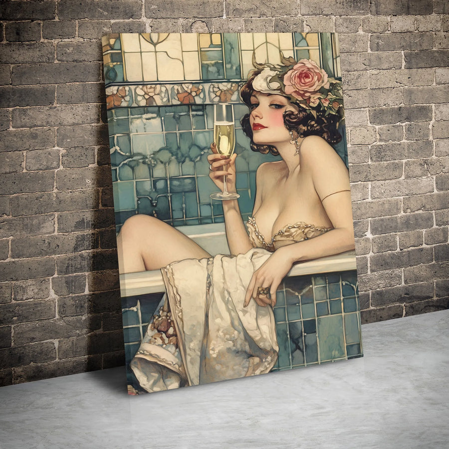 Art Deco Woman Bathing Canvas Print | Champagne Soaking Elegant Lady | Premium 1.25" Gallery Wrap | Vintage Home Decor Wall Art Gift
