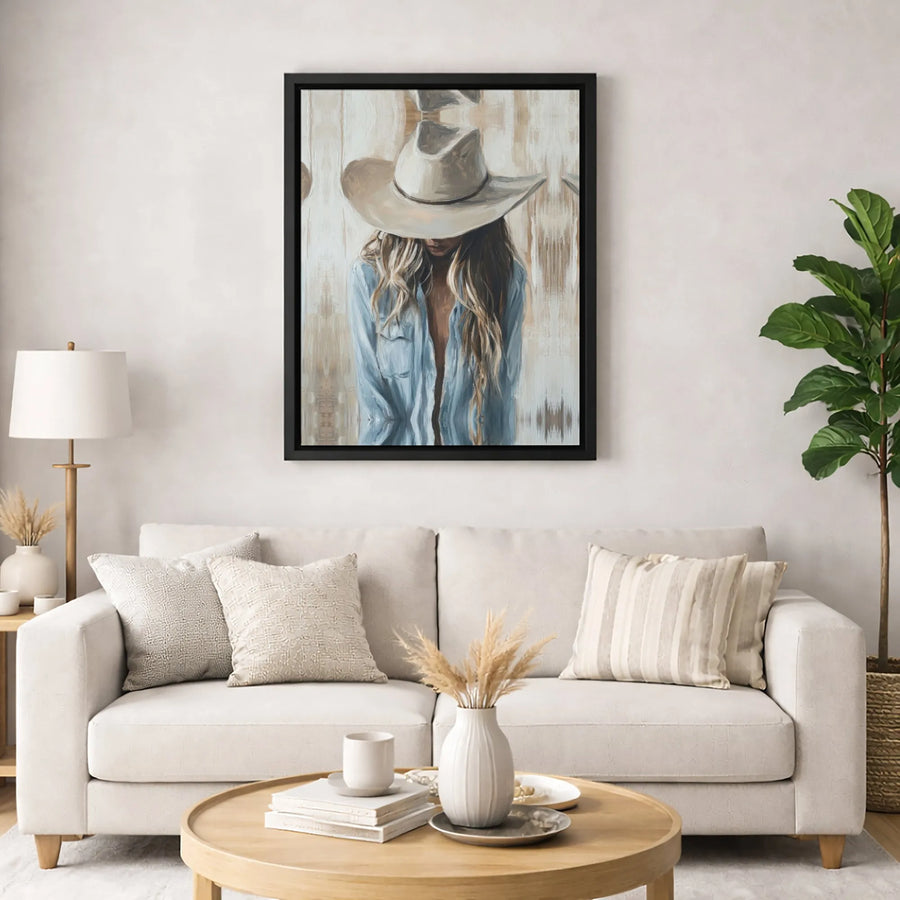 Cowgirl Western Wall Art | Blue Denim Fashion Canvas Print | Premium Gallery Wrapped Decor | Gift for Country Home Aesthetic