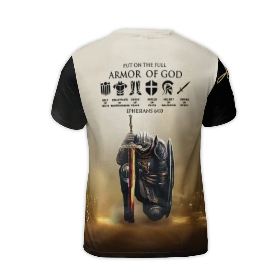 Armor of God T-Shirt | Kneeling Knight & Lion 3D Graphic Print | Premium Polyester Blend | Christian Faith Gift for Men & Women