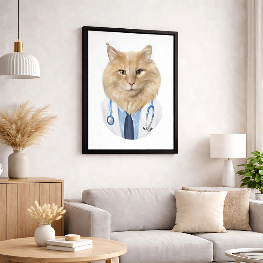 Doctor Cat Canvas Art | Whimsical Ginger Kitten Professional Portrait | Gallery Quality Stretched Print | Unique Gift for Veterinarians or Nurses
