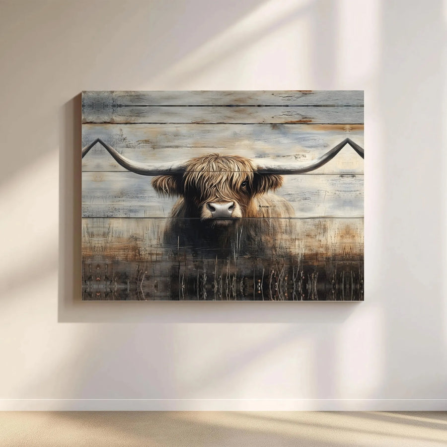 Highland Cow Wall Art | Rustic Farmhouse Peeking Cow Canvas | Premium 1.25" Gallery Wrap | Farm Animal Decor for Living Room Gift