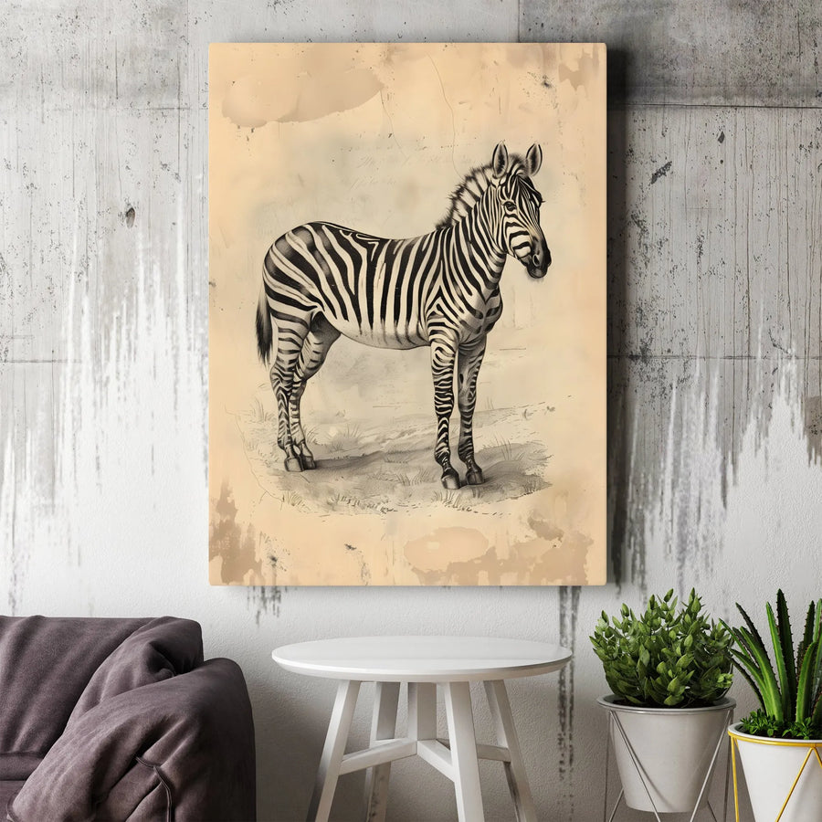 Vintage Zebra Wall Art Canvas | Scientific Illustration Sketch Print | Premium Gallery Wrap Decor | Nature Lover Living Room Gift