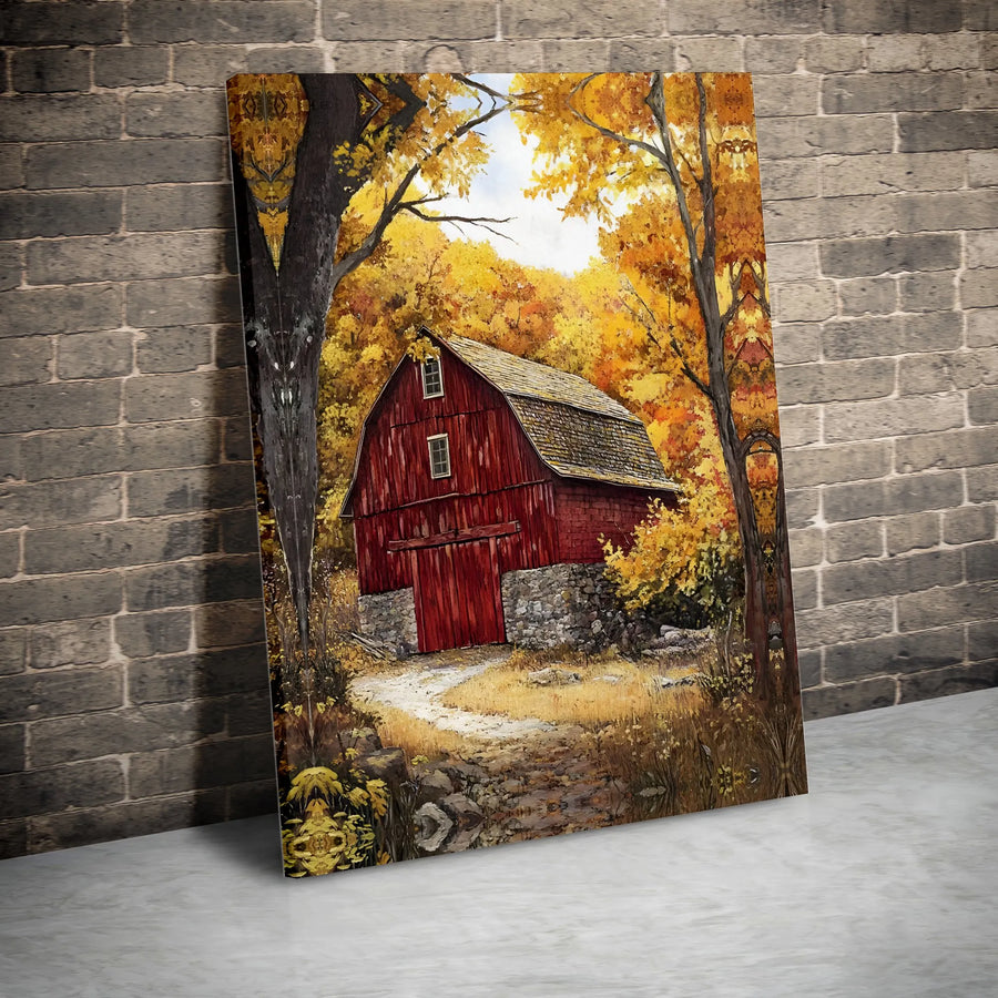 Rustic Red Barn Canvas Art | Autumn Forest Landscape Wall Decor | Premium Fade-Resistant Print | Country Farmhouse Home Gift
