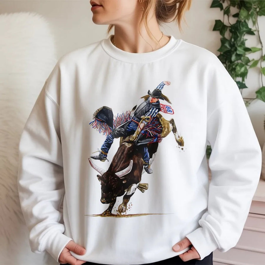 Rodeo Bull Riding Sweatshirt | Western Cowboy Action Graphic | Premium Cotton Blend Crewneck | Gift for Rodeo Fans and Ranchers
