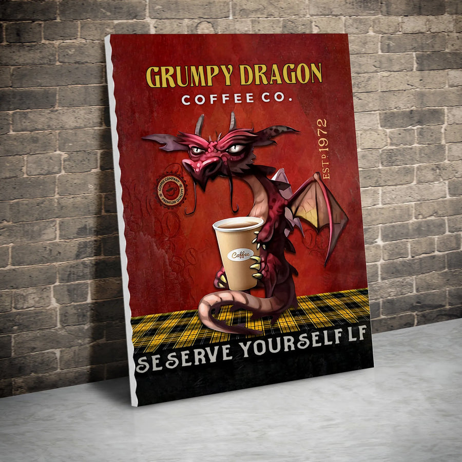 Grumpy Dragon Coffee Sign Canvas Wall Art | Funny Coffee Lover Illustration | Premium Gallery Wrap Decor | Unique Kitchen Coffee Bar Gift