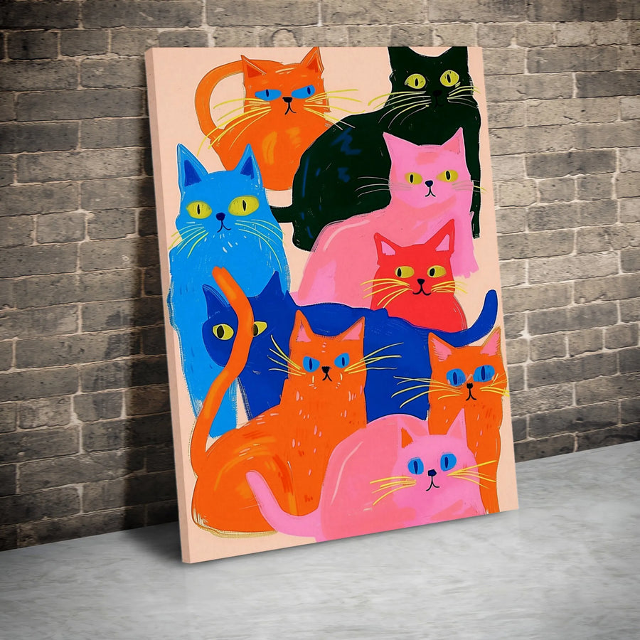 Colorful Cat Wall Art | Modern Pop Art Animal Illustration | Premium Gallery Wrapped Canvas | Whimsical Home Decor Gift for Cat Lovers