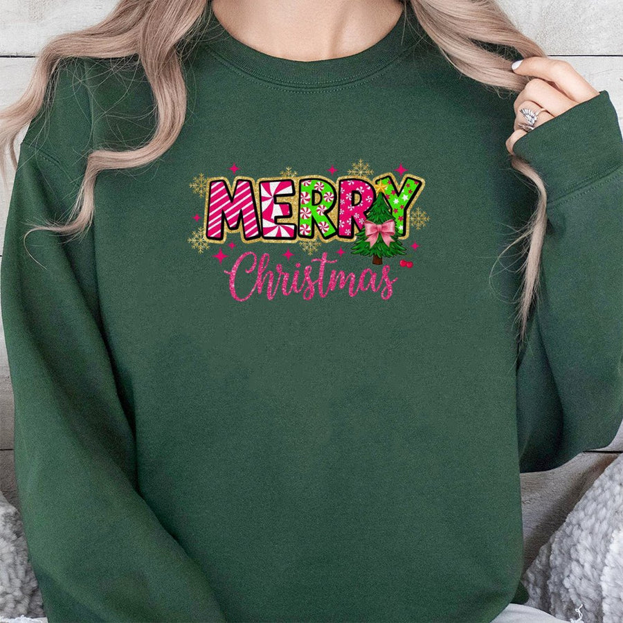 Merry Christmas Sweatshirt | Candy Cane Tree Graphic Design | Premium Cotton Blend Crewneck | Cute Holiday Gift For Women