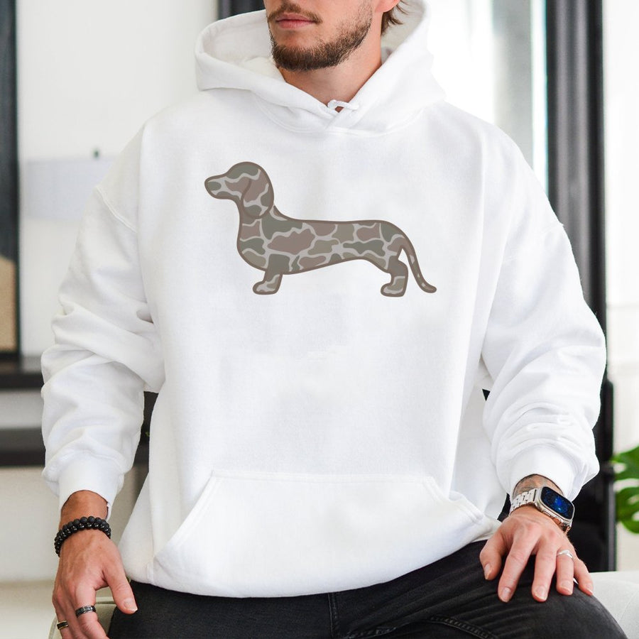 Dachshund Hoodie | Camo Wiener Dog Graphic Print | Premium Cotton Blend | Gift for Doxie Mom and Dad