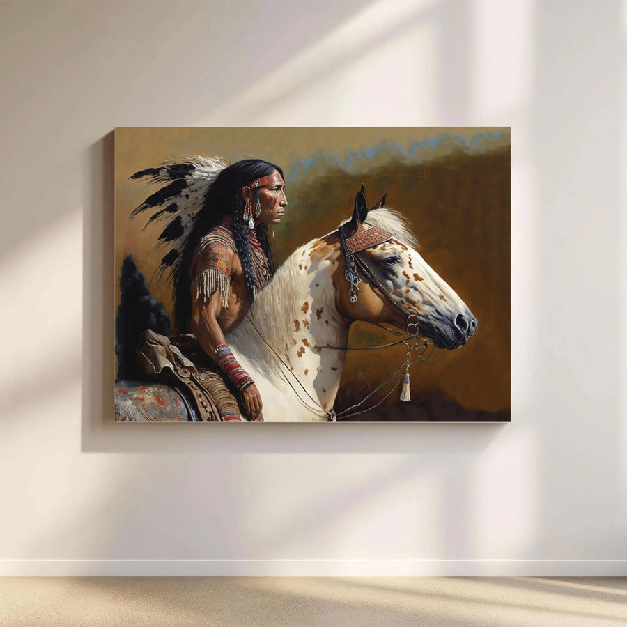 Native American Warrior Horizontal Canvas | Realistic Indigenous Chief & Paint Horse Oil Painting Art | Premium 1.25" Gallery Wrap | Rustic Western Home Decor Gift