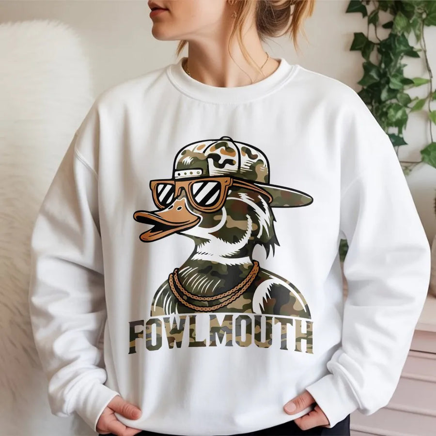 Fowlmouth Duck Hunting Sweatshirt | Camo Streetwear Graphic Design | Premium Cotton Blend Fleece | Funny Outdoor Hunter Gift for Men