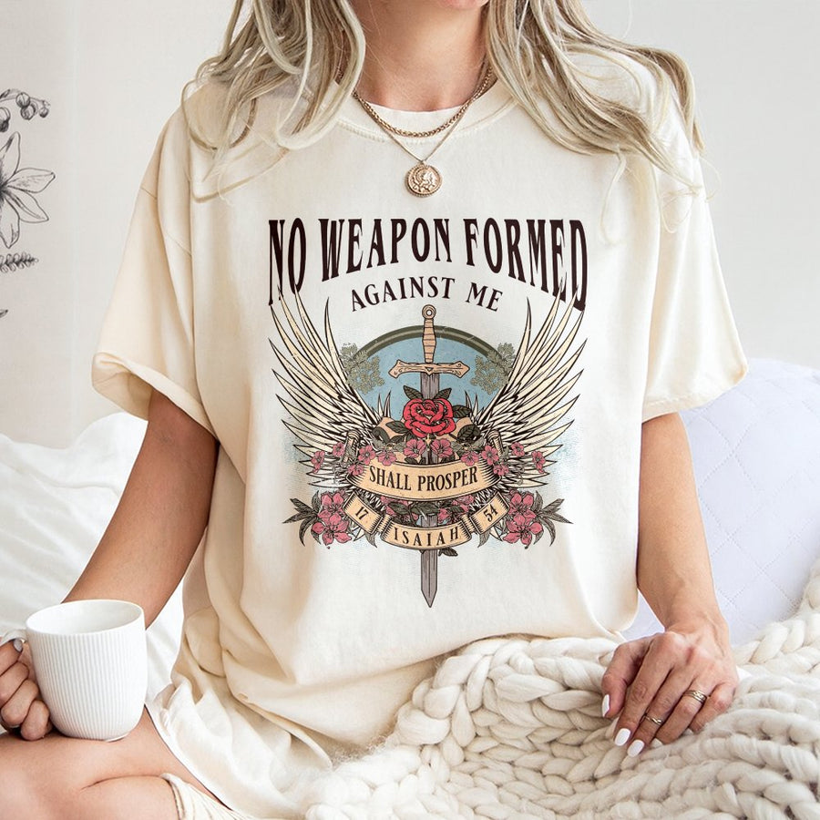 No Weapon Formed Against Me T-Shirt | Isaiah 54:17 Bible Verse Graphic | 100% Cotton Premium Tee | Faith-Based Christian Gift for Women and Men