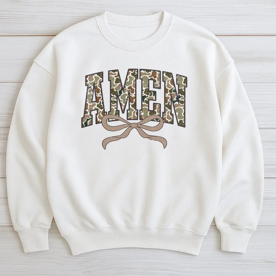Amen Camo Sweatshirt | Coquette Bow Aesthetic Graphic | Premium Cotton Blend | Christian Faith Gift For Women