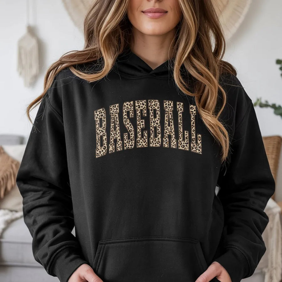 Baseball Hoodie | Leopard Print Varsity Letters | Cozy Cotton Blend | Game Day Gift for Baseball Mom
