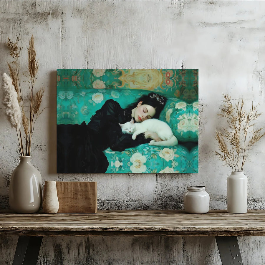 Gothic Girl With Cat Canvas Wall Art | Moody Floral Aesthetic Print | Premium Gallery Wrapped Canvas | Dark Academia Home Decor Gift