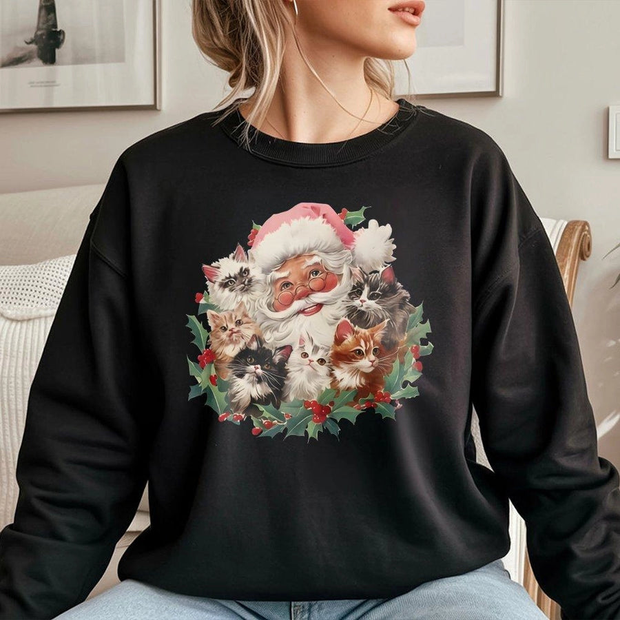 Santa Claus With Cats Christmas Sweatshirt | Cute Kitten Holiday Graphic | Premium Cotton Blend Crewneck | Festive Cat Lover Gift For Women & Men
