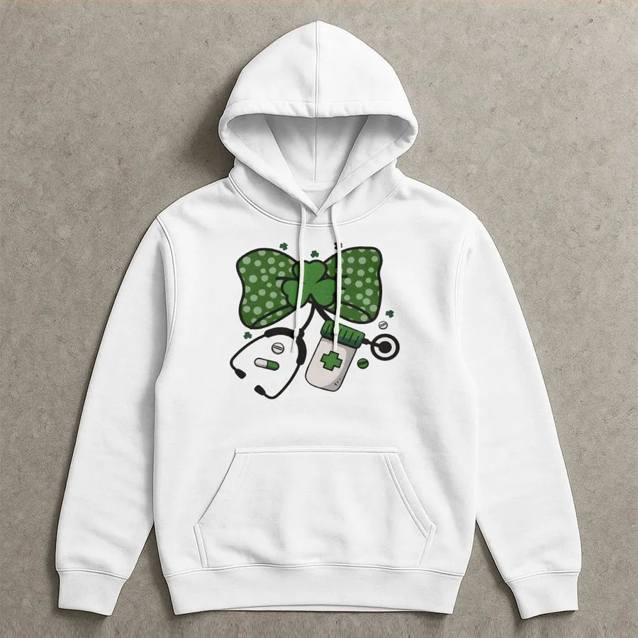 St. Patricks Day Nurse Hoodie | Shamrock Stethoscope Coquette Bow Graphic | Premium Cotton Blend | Nursing Student Gift & Holiday Scrub Gear
