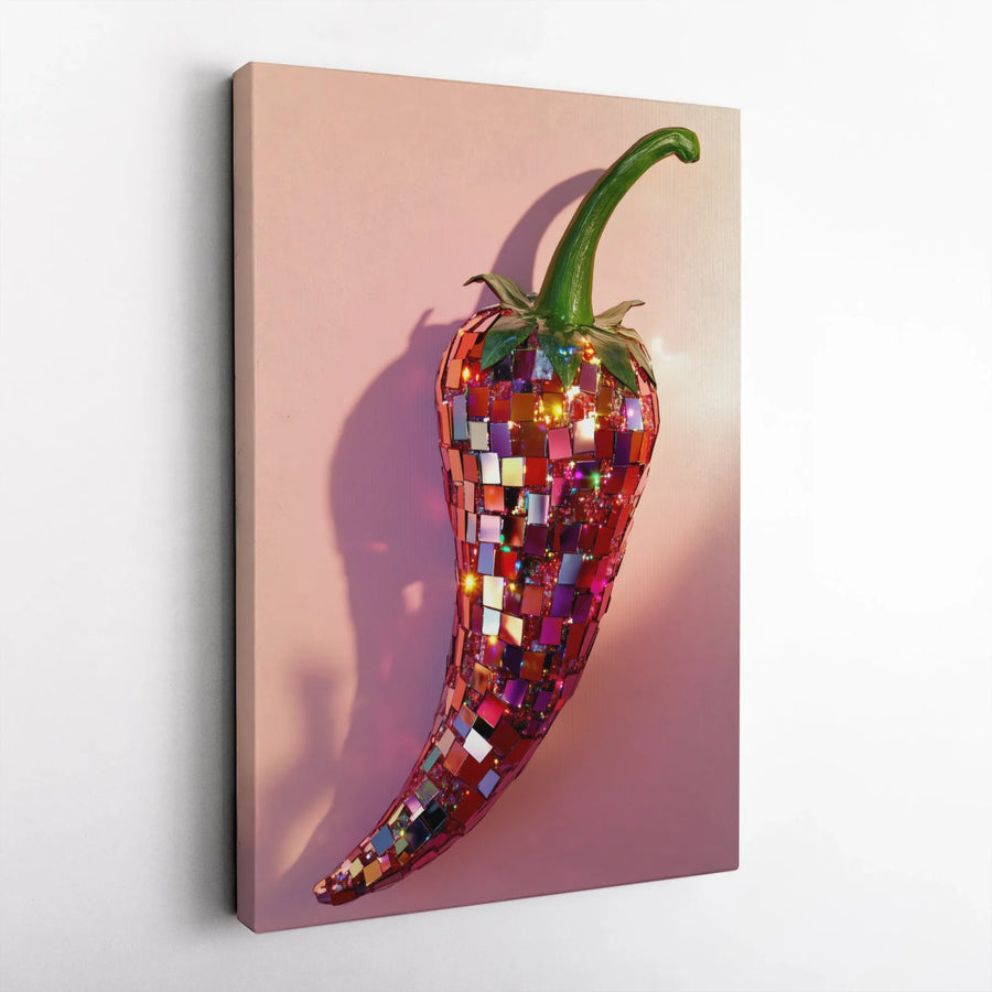 Disco Ball Chili Pepper Wall Art | Mosaic Sparkly Red Pepper Decor | Premium Gallery Wrap Canvas | Unique Kitchen & Dining Room Gift