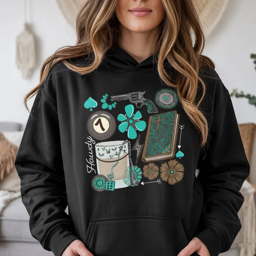 Western Graphic Hoodie | Turquoise Cowgirl Aesthetic | Premium Cotton Blend | Country Music Festival Gift for Women