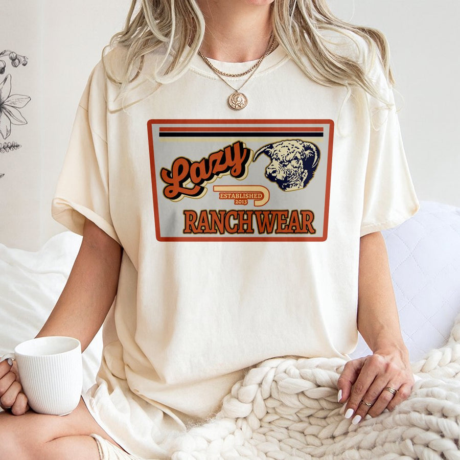 Lazy Ranchwear T-Shirt | Retro Western Highland Cow Graphic | 100% Soft Cotton Premium Tee | Vintage Country Style Gift For Ranchers & Cowgirls