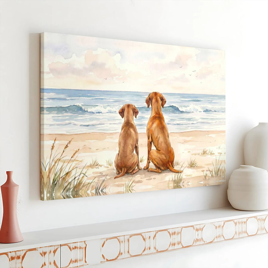 Watercolor Dogs on Beach Horizontal Canvas | Coastal Golden Retriever Vizsla Ocean Wall Art | 1.25" Gallery Wrap Matte Print | Serene Seaside Decor Gift for Dog Lovers