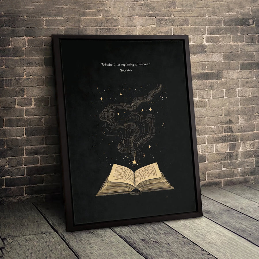Socrates Quote Canvas Art | Wonder Is The Beginning Of Wisdom Wall Decor | Magical Book Celestial Aesthetic Print | Premium Gallery Wrap Gift for Readers