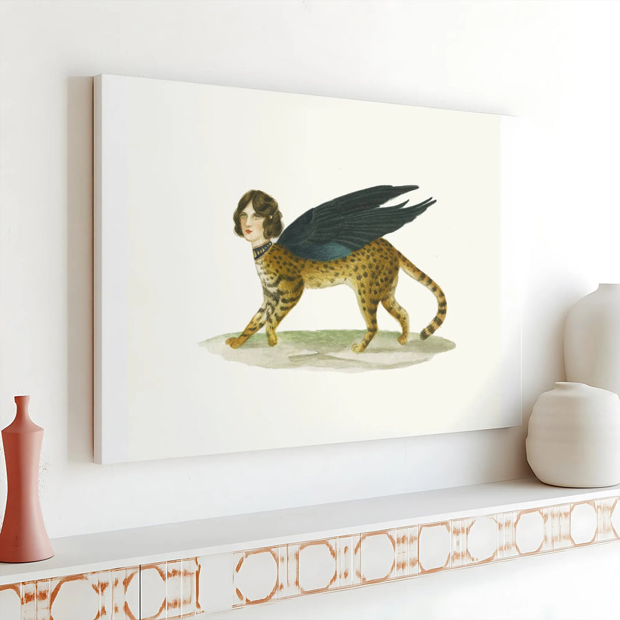 Mythological Sphinx Canvas Print | Vintage Winged Leopard Woman Illustration | Premium Gallery Wrapped Canvas | Unique Gift for Mythology Art Lovers