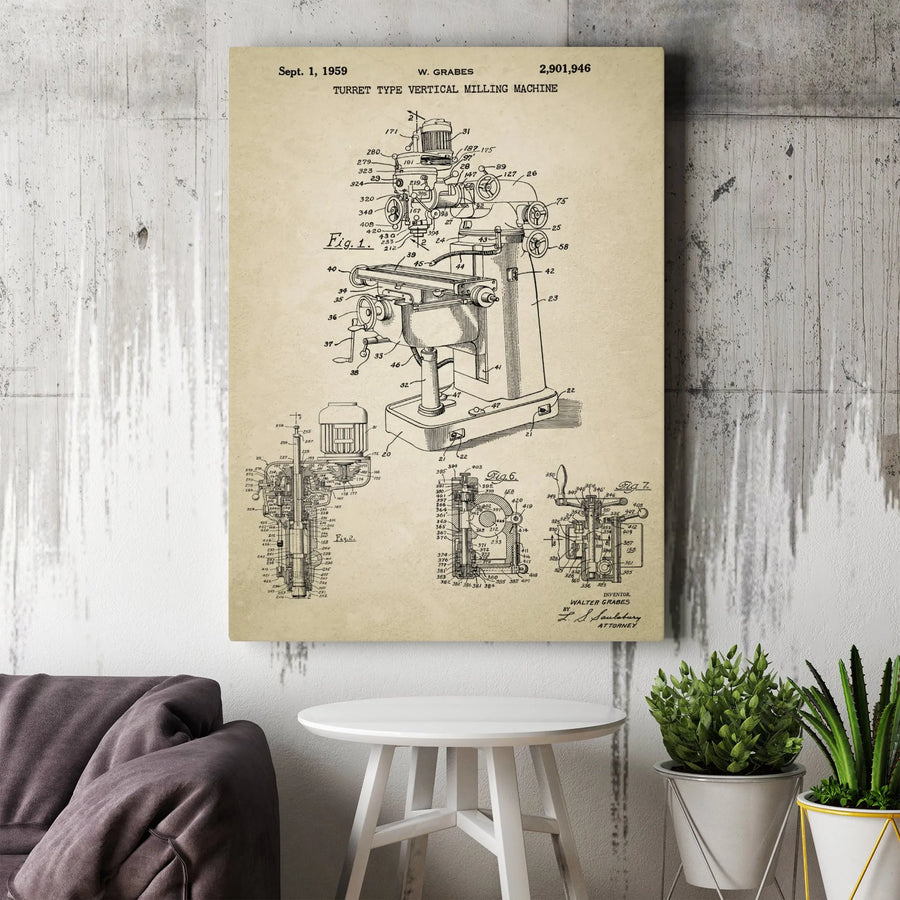 Vintage Milling Machine Patent Vertical Canvas | 1959 Industrial Blueprint Art | Premium Gallery Wrap | Collector's Gift for Machinist Engineer