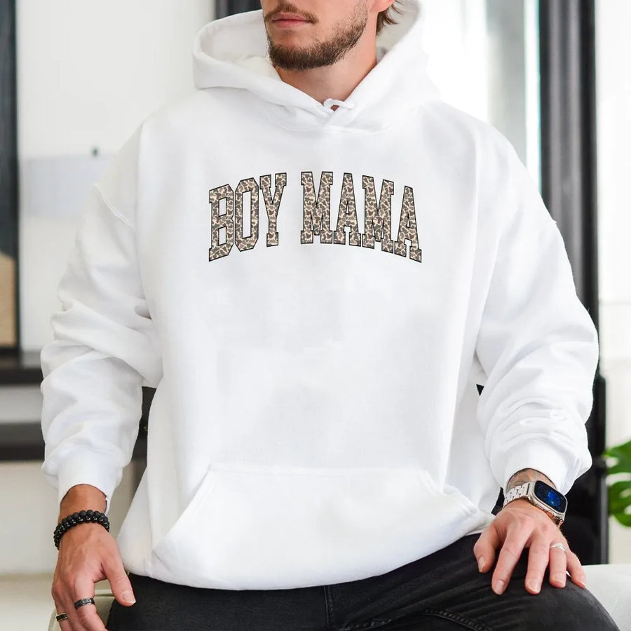 Boy Mama Hoodie | Camo Print Collegiate Design | Premium Soft Crewneck | Mothers Day Gift for Women