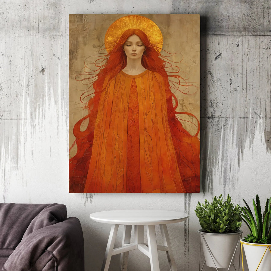 Sacred Feminine Canvas Wall Art | Red-Haired Goddess With Golden Halo | Premium Fade-Resistant Gallery Wrap | Spiritual Home Decor Gift