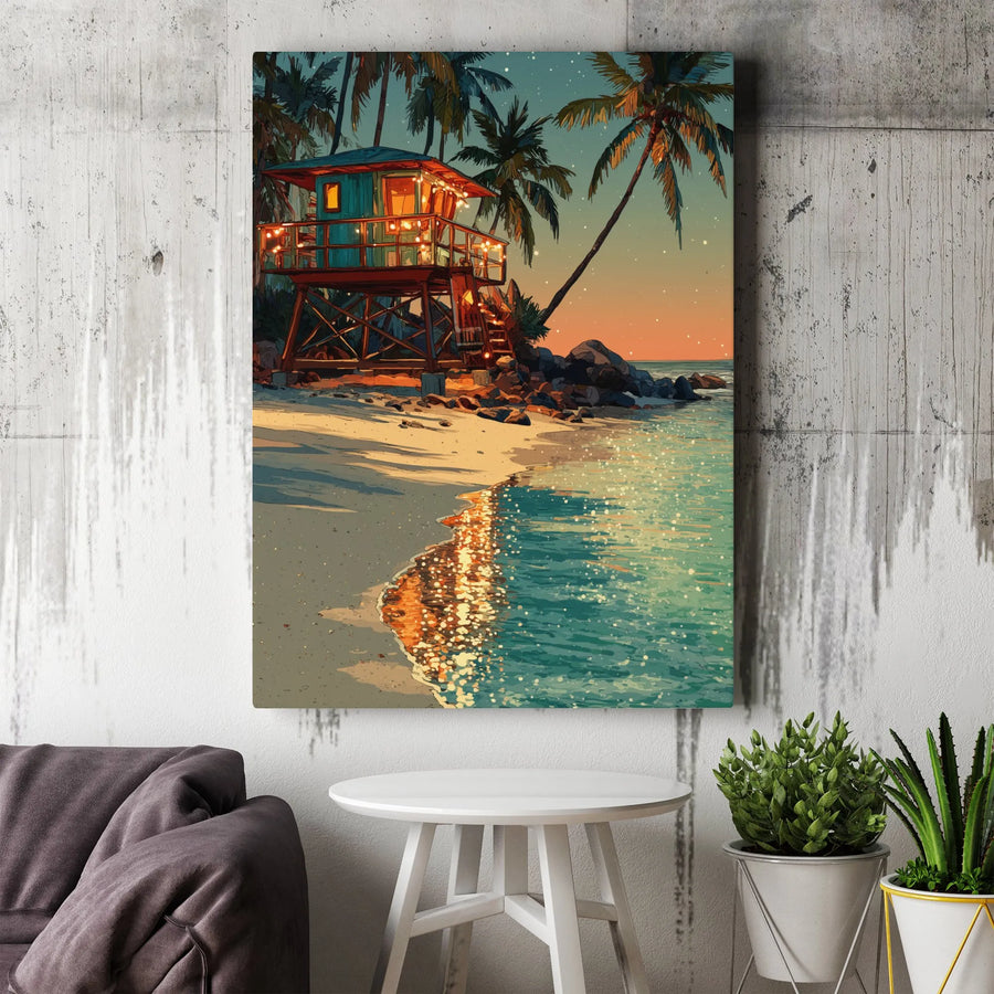 Tropical Beach Canvas Wall Art | Sunset Lifeguard Tower with Fairy Lights | Premium Gallery-Wrapped Print | Coastal Home Office Decor Gift
