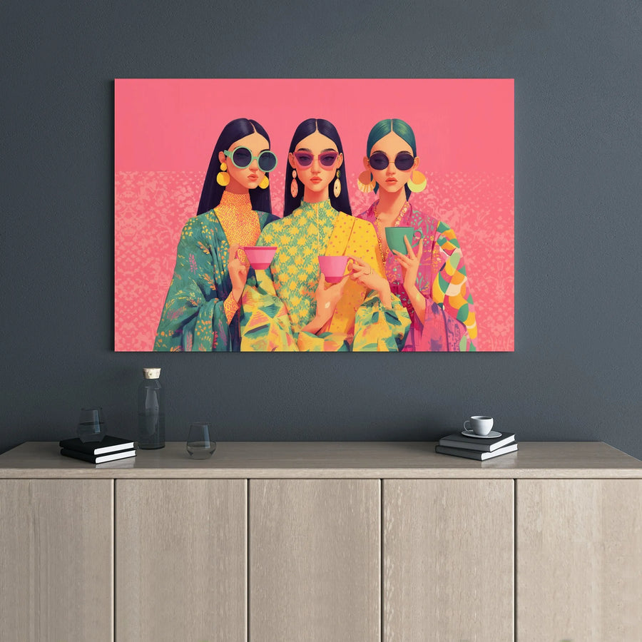 Fashionable Women Canvas Wall Art | Colorful Retro Style Tea Party | Premium Gallery Wrap Print | Chic Home Decor Gift for Her