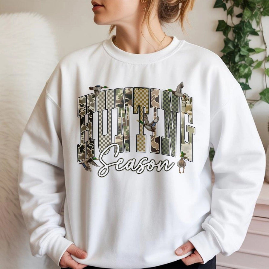 Hunting Season Sweatshirt | Duck Camo Graphic Print | Cotton Blend Premium Quality | Outdoor Wildlife Apparel Gift For Hunters
