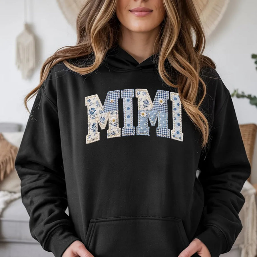 Mimi Hoodie Sweatshirt | Blue Floral Patchwork Print Letters | Cozy Cotton Blend Pullover | Mothers Day Gift for Grandma, New Mimi Gift