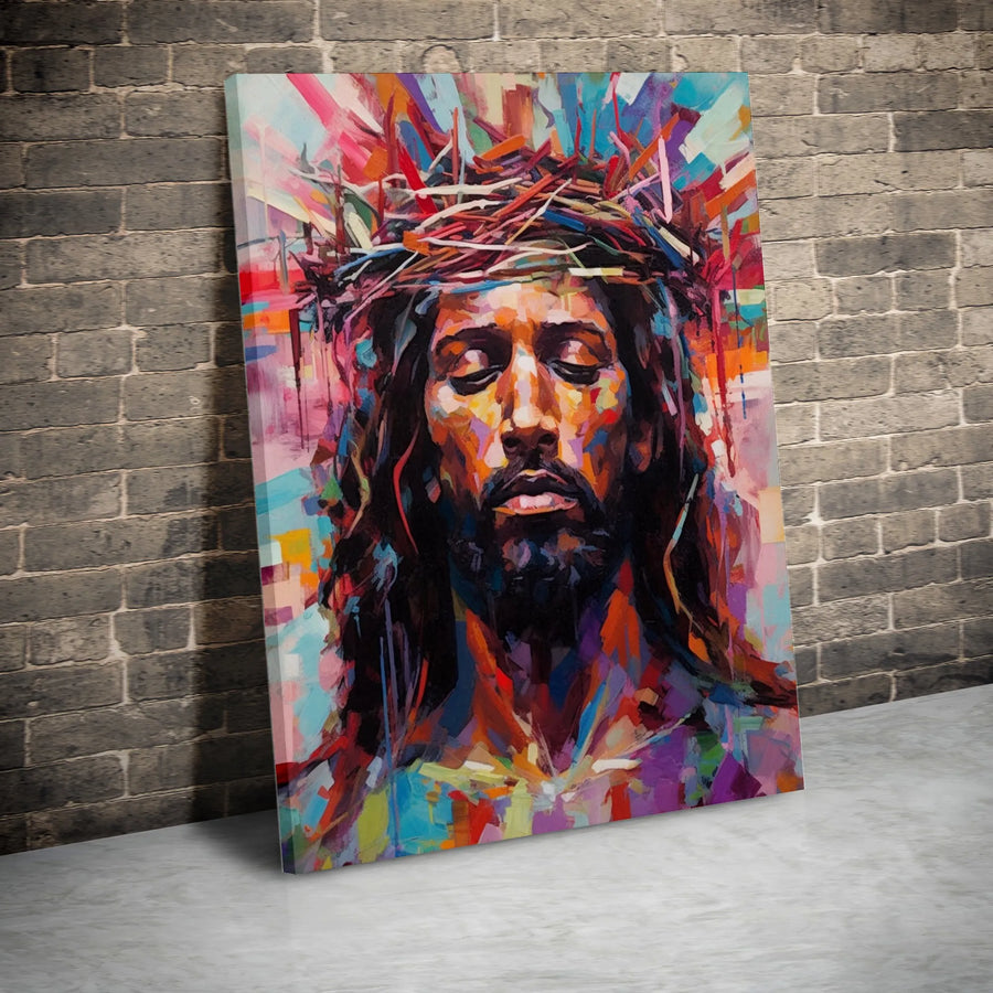 Jesus Christ Canvas Wall Art | Colorful Crown Of Thorns Portrait | Premium Gallery Wrap Print | Modern Religious Home Decor Gift