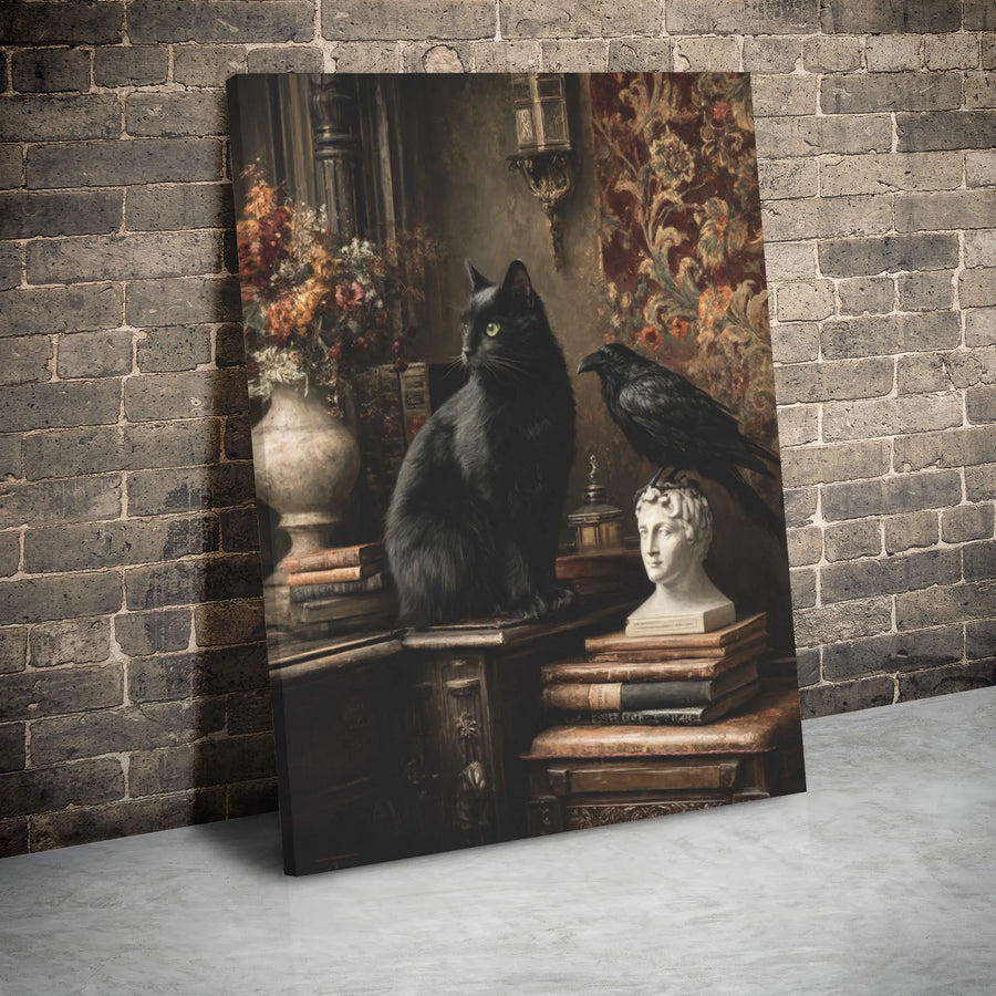 Dark Academia Canvas Art | Black Cat And Raven On Books | Premium Gallery Wrapped Decor | Gothic Home Office Wall Art Gift