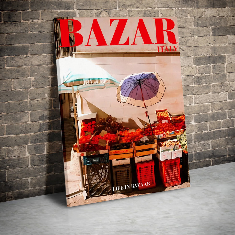 Italian Fruit Market Canvas Art | Vintage Magazine Cover Aesthetic | Premium Gallery-Wrapped Print | Mediterranean Kitchen Wall Decor Gift