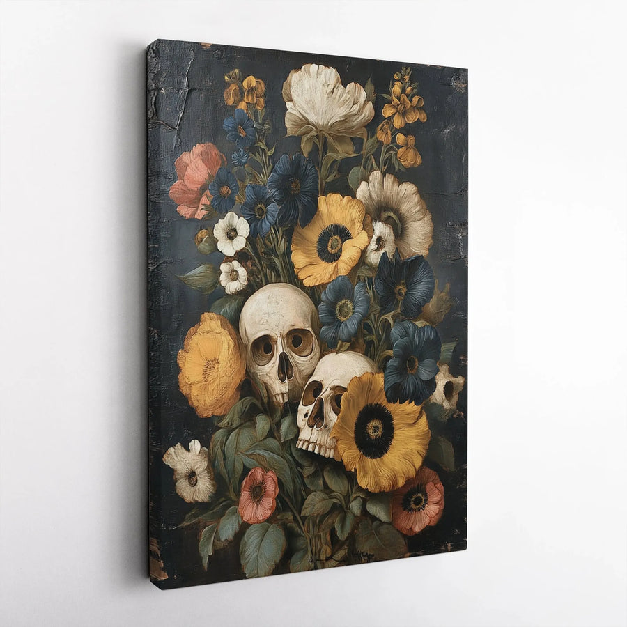 Gothic Floral Skull Canvas | Vintage Still Life Botanical Print | Premium Gallery Wrapped Canvas | Collector's Gift for Gothic Home Decor