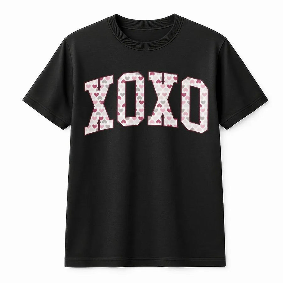XOXO Valentine T-Shirt | Varsity Letter Heart Pattern Print | Premium Soft Cotton | Cute Valentines Day Gift for Her or Teacher