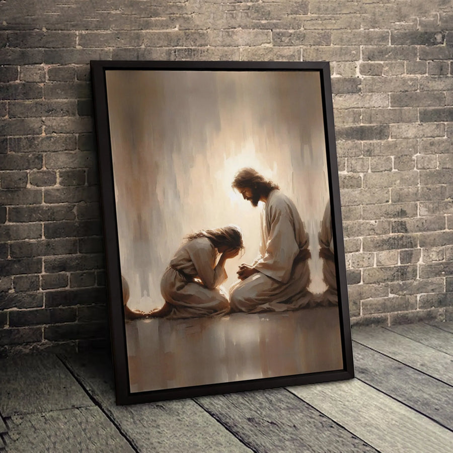Jesus Comforting Kneeling Woman Canvas Art | Religious Christian Wall Decor | Gallery-Wrapped Premium Print | Spiritual Home Gift