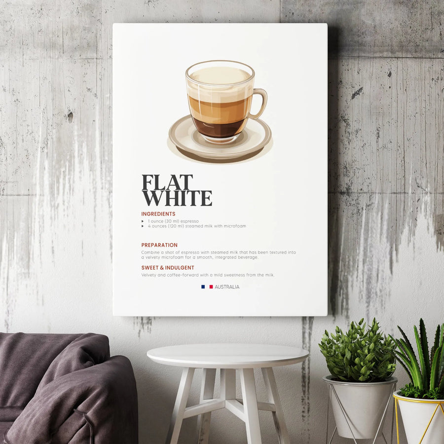Flat White Coffee Recipe Canvas Wall Art | Minimalist Barista Decor | Premium Gallery Wrap Print | Kitchen and Coffee Station Wall Decor Gift