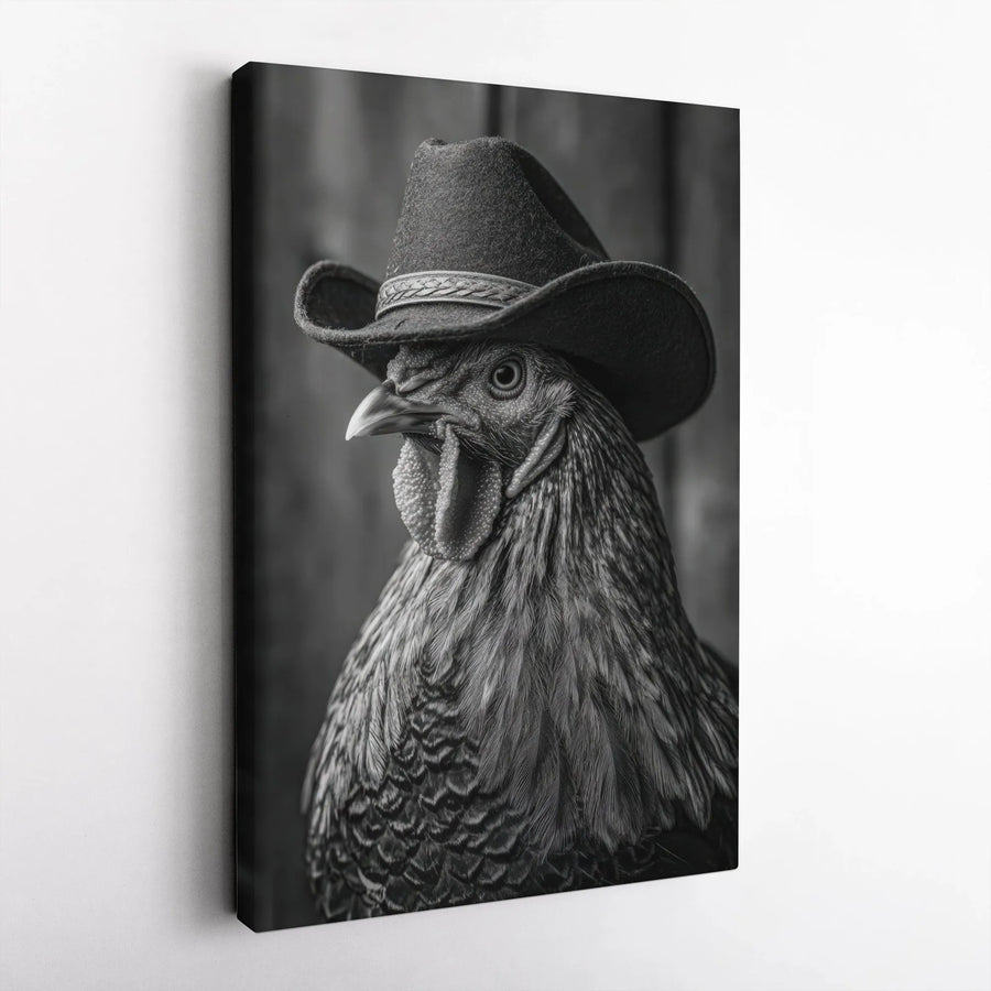 Cowboy Rooster Vertical Canvas | Funny Western Farm Animal Portrait | Premium Gallery Wrapped Canvas | Rustic Farmhouse Wall Decor Gift