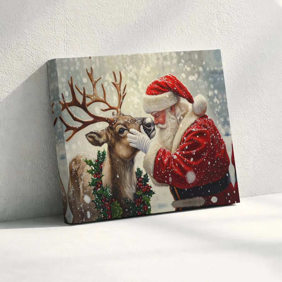 Santa and Reindeer Canvas Wall Art | Whimsical Christmas Holiday Scene | Premium Fade-Resistant Print | Festive Home Decor Gift
