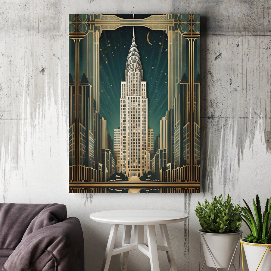 Art Deco Chrysler Building Wall Art | NYC Skyline Nightscape Print | Gallery Quality Premium Canvas | Elegant Home Office Decor Gift