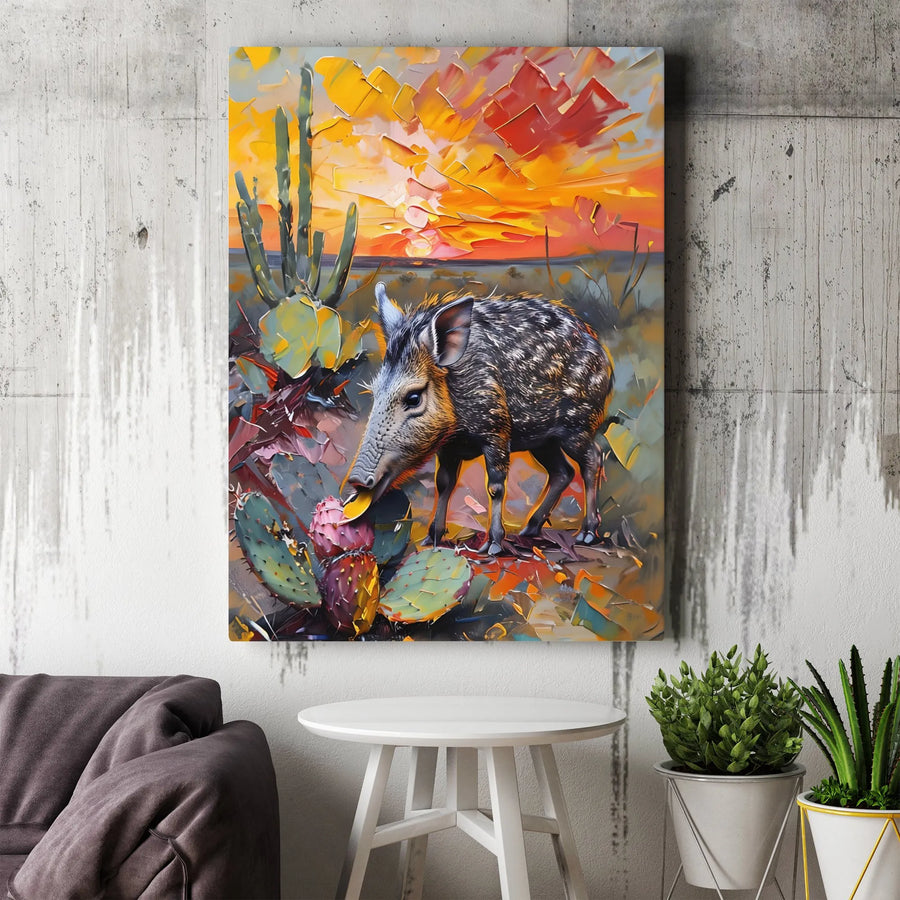Javelina Canvas Wall Art | Abstract Desert Sunset Painting with Cactus | Premium Gallery Wrap | Southwestern Home Decor Gift