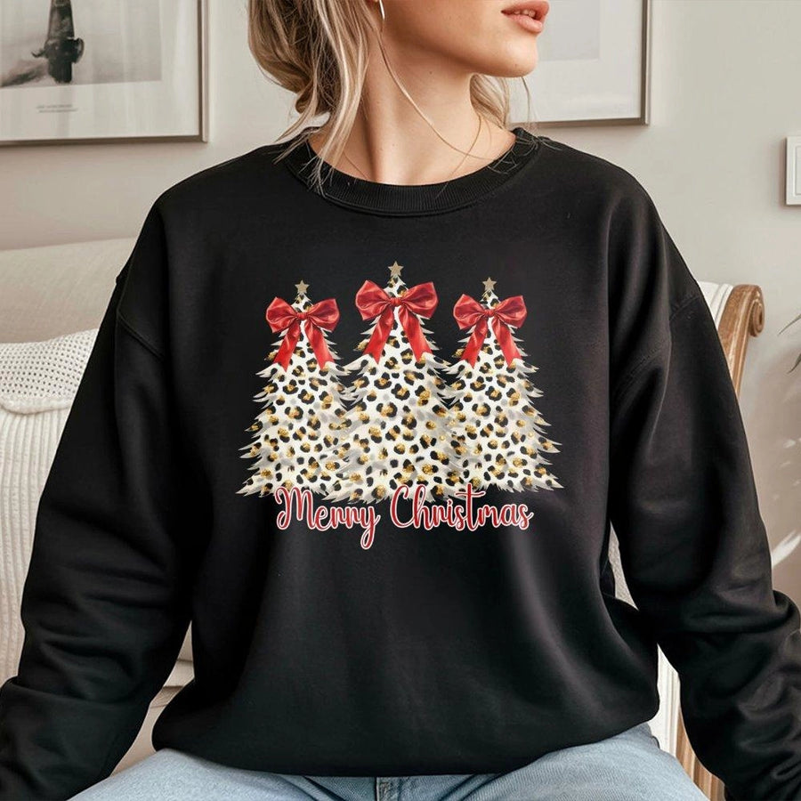 Leopard Print Christmas Tree Sweatshirt | Coquette Bow Holiday Graphic | Unisex Premium Cotton Blend | Merry Christmas Gift for Her