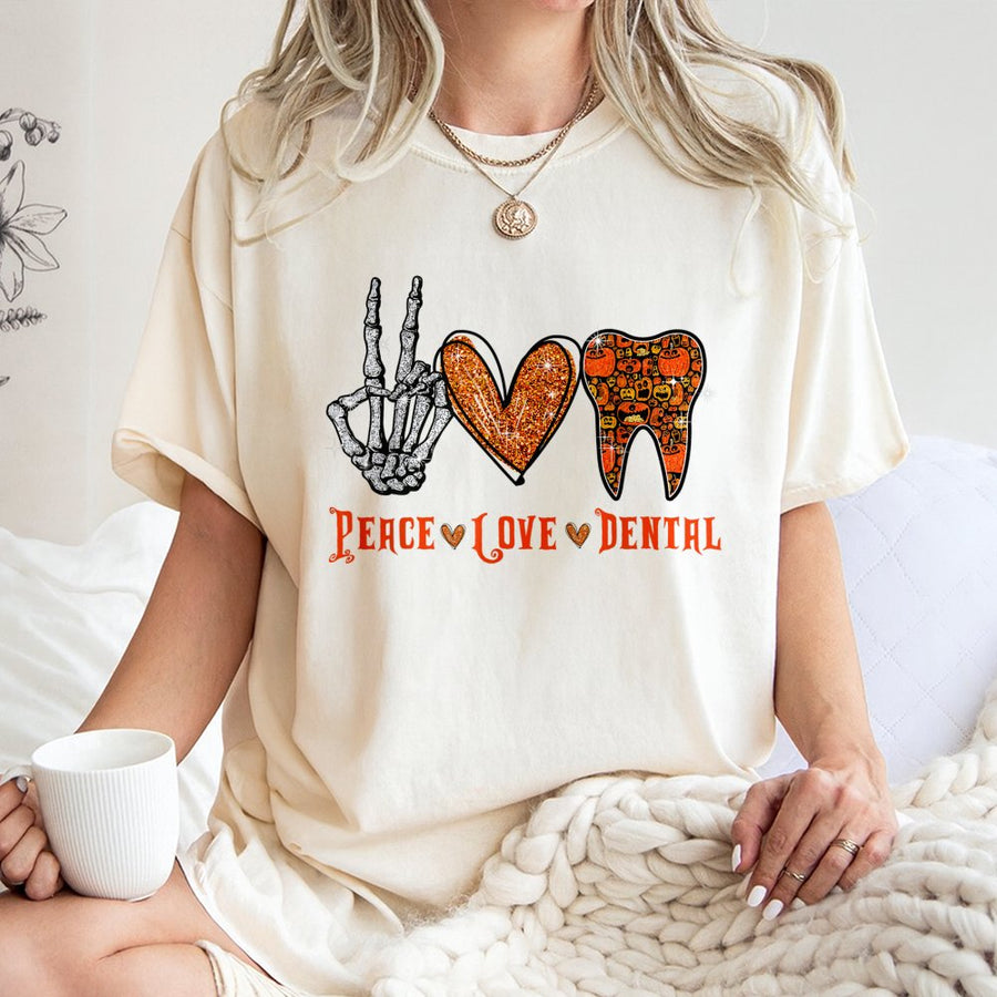 Peace Love Dental T-Shirt | Spooky Halloween Tooth Graphic Design | 100% Cotton Premium Quality | Gift for Dentist and Dental Hygienist