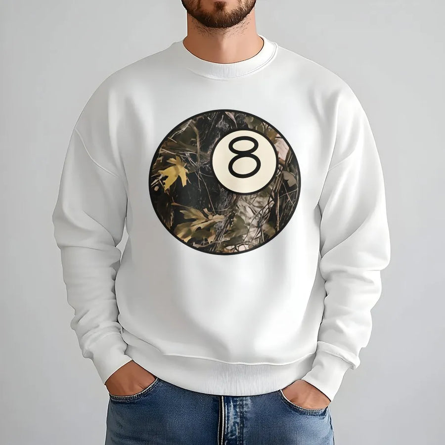 8 Ball Camo Sweatshirt | Vintage Billiards Graphic Pullover | Cotton Blend Premium Crewneck | Trendy Streetwear Gift for Men and Women
