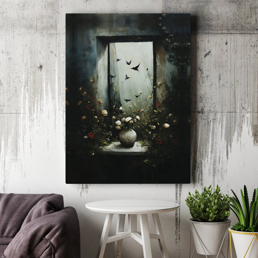 Moody Floral Canvas Print | Vintage Still Life with Birds in Window | Premium Gallery Wrapped Canvas | Dark Academia Wall Decor Gift